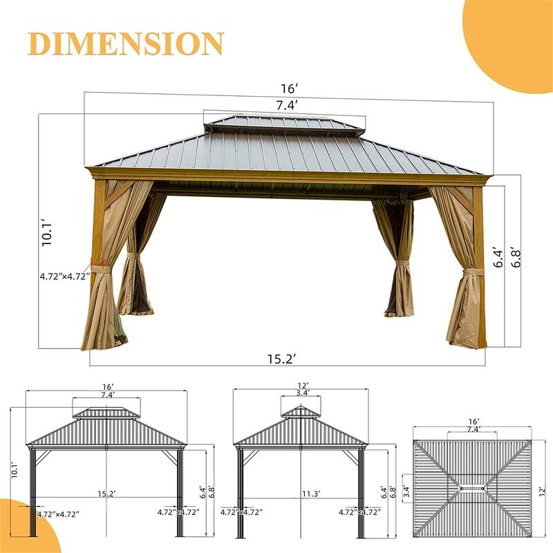 GDFStudio - Terry Outdoor Aluminum Hardtop Gazebo with Galvanized Steel Double Roof, Curtains & Netting