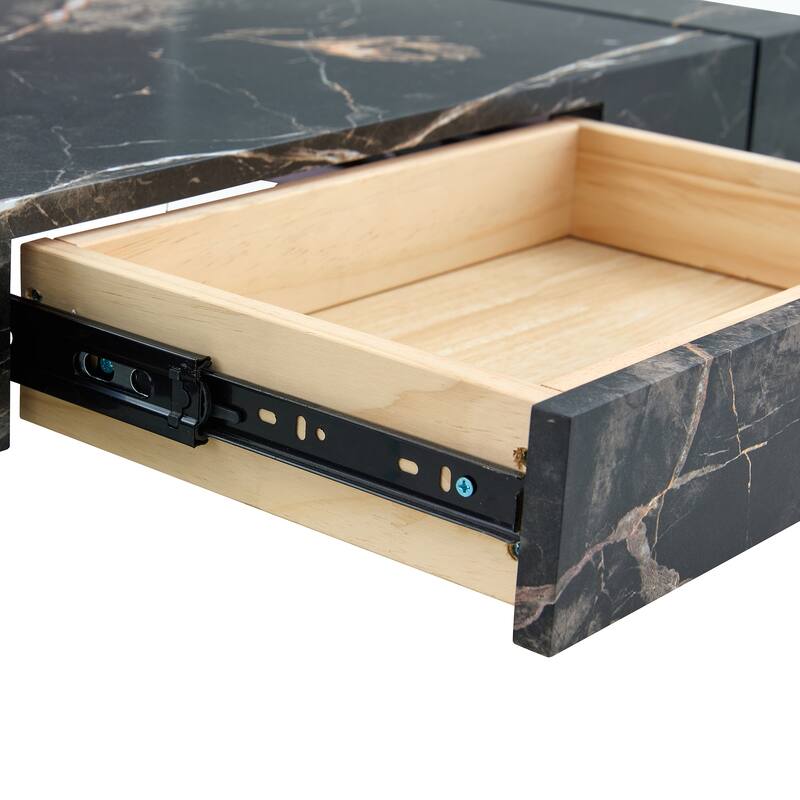 43.3 Inch Double Layer Coffee Table Storage Side Table with Open Storage Shelves, Drawers Glass Center Table End Table