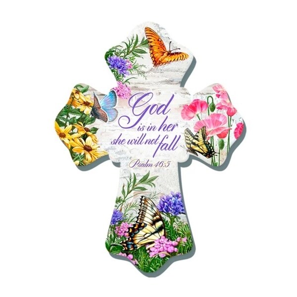 8" White and Pink Biblical Quoted Butterflies Wall Cross - N/A