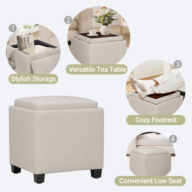 RENEWLINE ​18" Square Storage Ottoman with Tray - 250LBS Weight Capacity, Leather Upholstered Footstool for Living Room