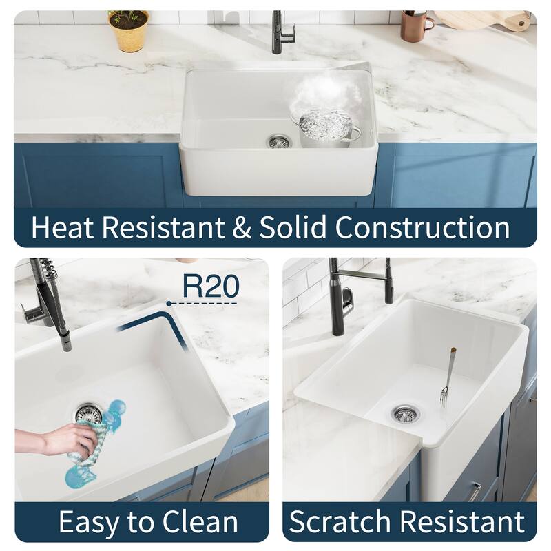 Farmhouse Sink for Small Kitchen and Laundry, Apron Front Porcelain Ceramic Sink Single Basin with Bottom Grid and Strainer