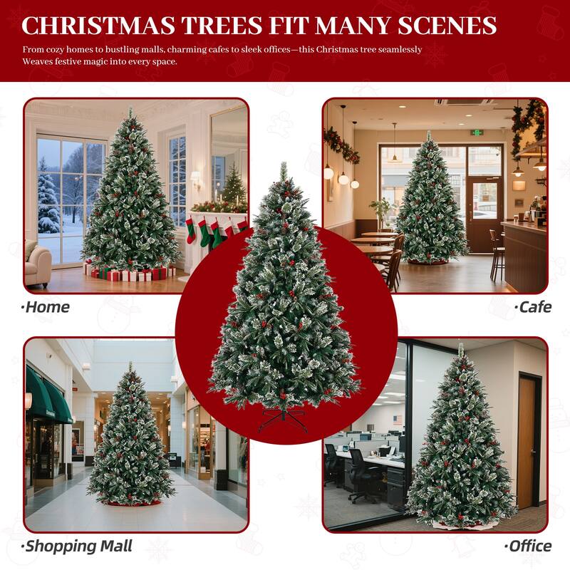 8ft Snow Frosted Christmas Tree,Pre-Decorated Christmas Tree with Pinecones & Berries Metal Stand - N/A