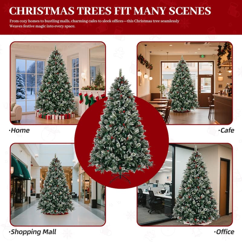 Artificial Snow Frosted Pre-Decorated Christmas Tree with Pinecones & Berries