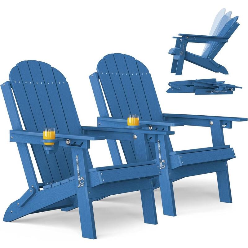 WINSOON Outdoor All-Weather HDPE Folding Adirondack Chair with Cup Holder & Adjustable Back Set of 2 - Blue