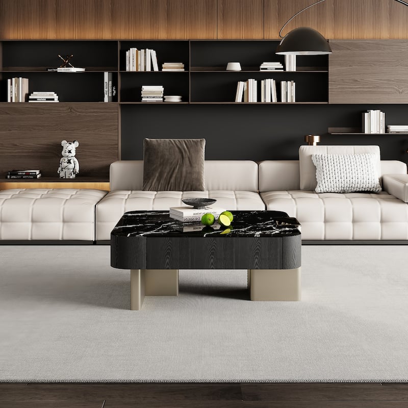 35.82" Modern Black Retangular Coffee Table with 2 Drawers, Faux Marble Top