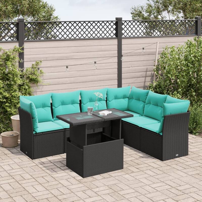 vidaXL 7 Piece Garden Sofa Set with Cushions Black Poly Rattan - 24.41 x 24.41 x 27.17