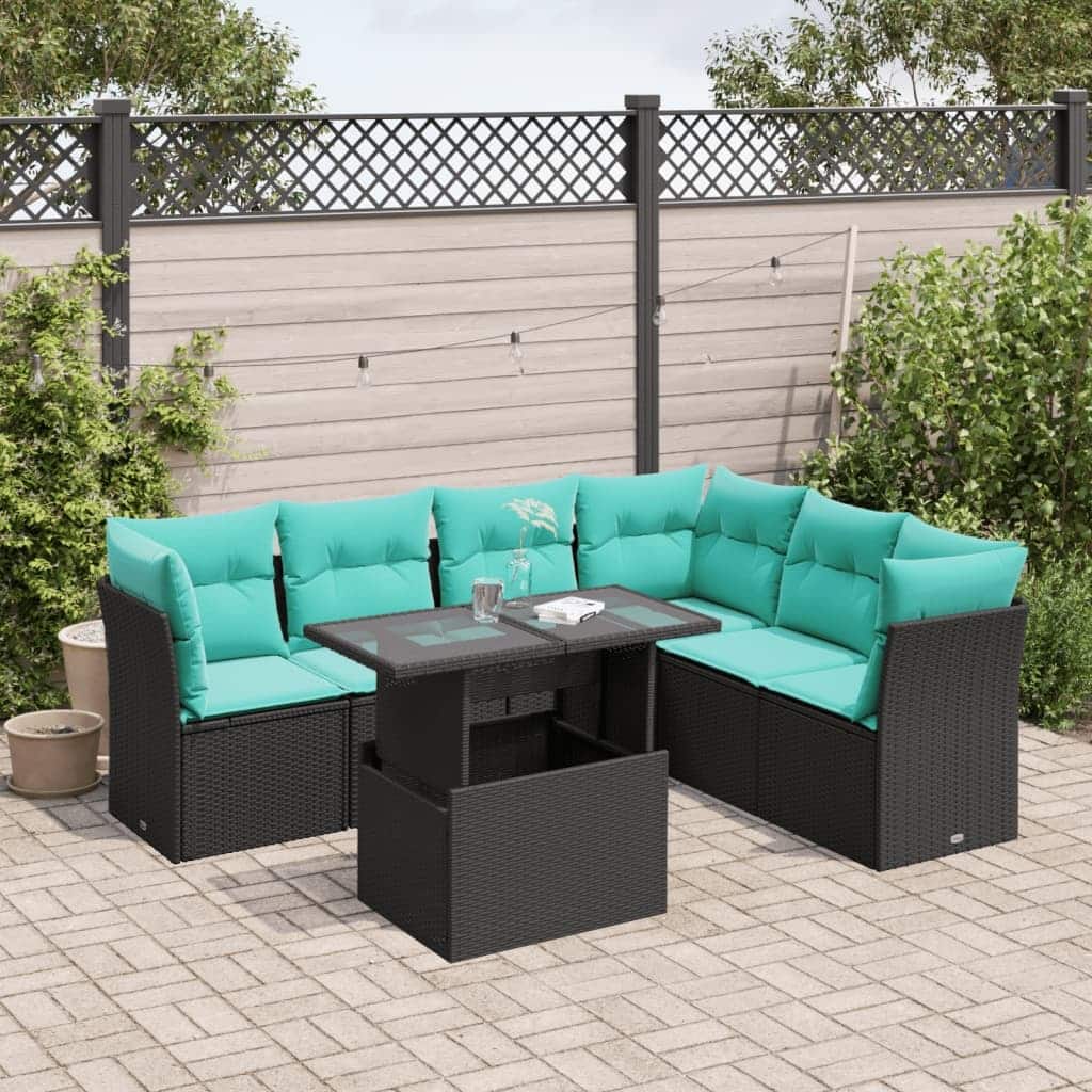 vidaXL 7 Piece Garden Sofa Set with Cushions Black Poly Rattan - 24.41 x 24.41 x 27.17