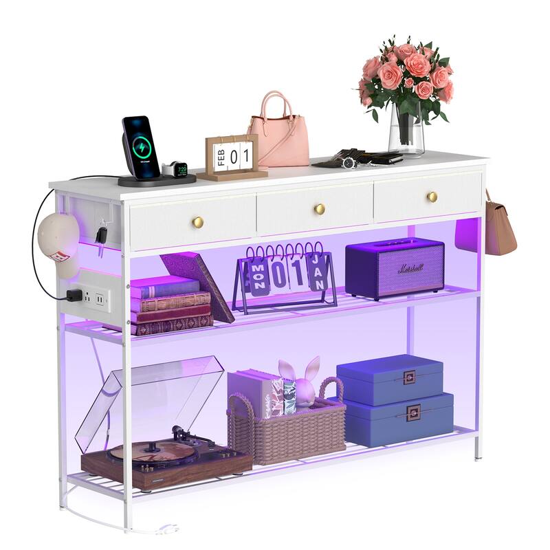 Modern White Entryway Table: 3 Drawers, 3 - Tier Storage Shelves, Gold Knobs & Charging Station - Antique White