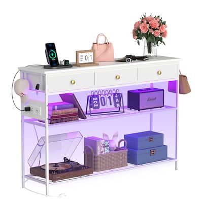 Modern White Entryway Table: 3 Drawers, 3 - Tier Storage Shelves, Gold Knobs & Charging Station