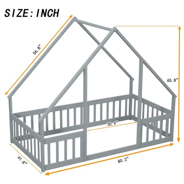 dimension image slide 2 of 3, Twin Size Solid Wood House-Shaped Floor Bed with Fence and Guardrails