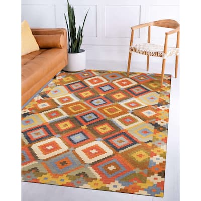 Handmade Wool Multicolored Traditional Geometric Kilim Rug - 9' x 12'
