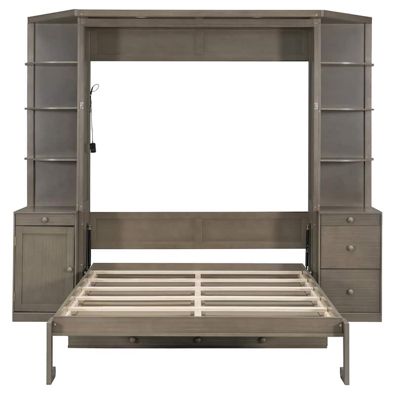 Queen Murphy Bed with Desk & Storage - Hidden Wall Bed with Cabinets and Shelves for Home Office, Includes Lighting