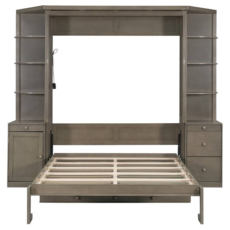 Queen Size Murphy Bed Wall Bed with Hidden Foldout Workstation, Side Open Shelves, Storage Cabinet and Drawers