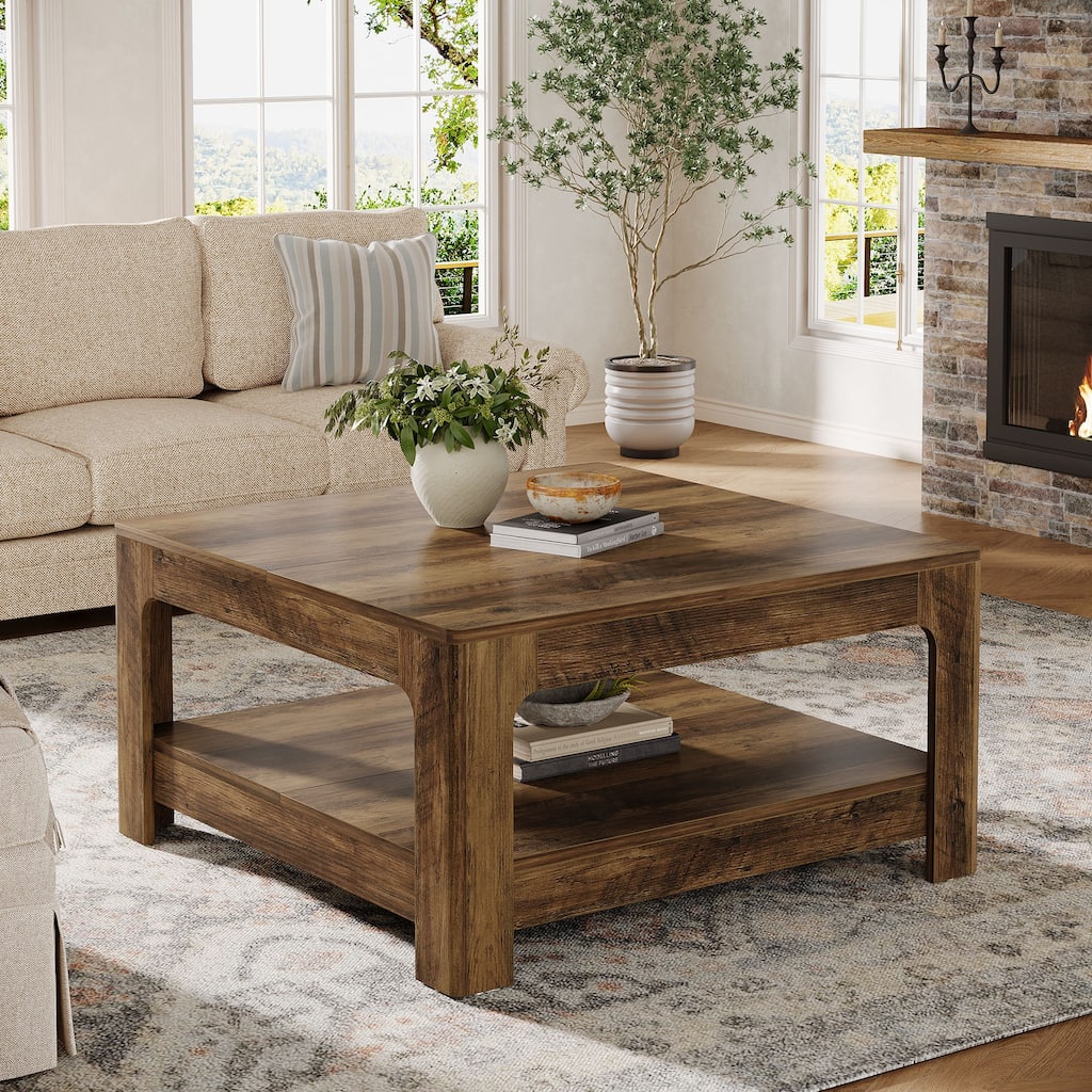 Farmhouse Wooden Square Large Coffee Tables for Living Room
