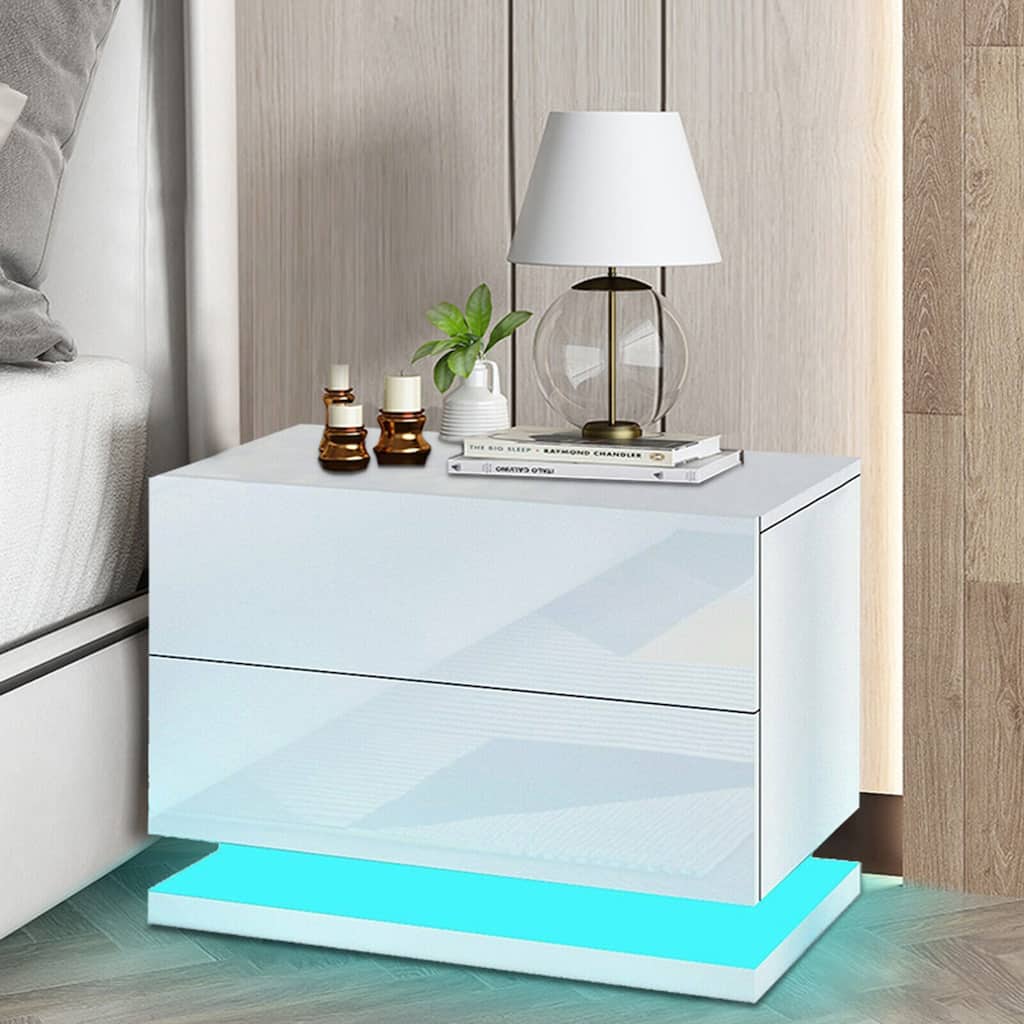 2-Drawers LED Modern Nightstand Bedside End Table Stand USB Charge