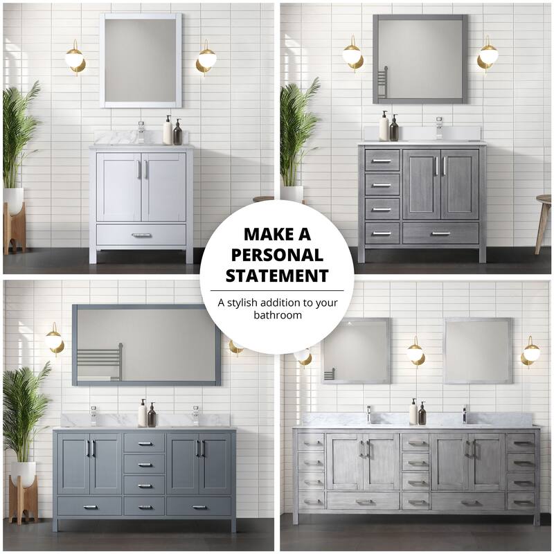 Jacques 72 in. W x 22 in. D Distressed Grey Double Bath Vanity, Carrara Marble Top, Faucet Set, and 70 in. Mirror - Dark Grey