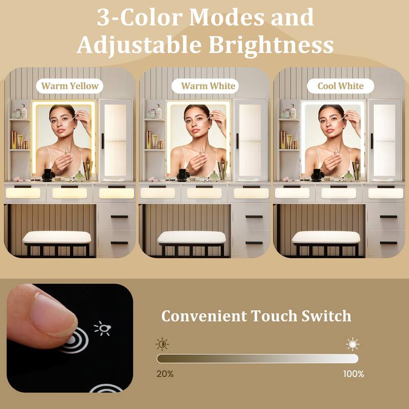 Gymax Vanity Desk w/ Mirror Induction Lighting 3-Color Lighting Modes