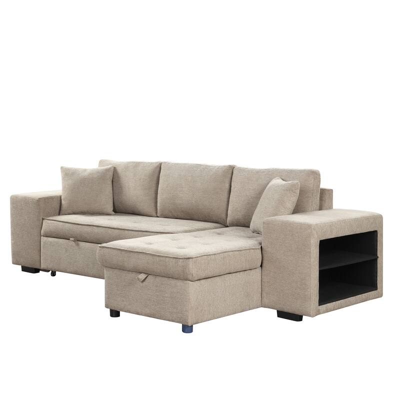 Convertible Sleeper Sectional Sofa, Reversible Sofa with Pull-Out Bed, Storage Chaise & 2 Stools, Linen Upholstered 4 Seat Sofa