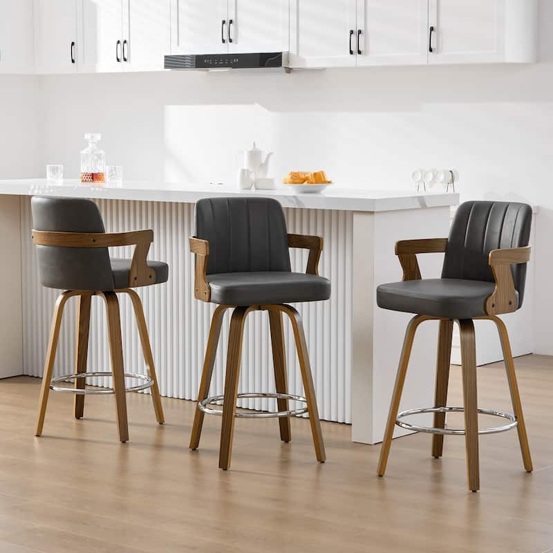 Upholstered Swivel Barstool with Arms and Bentwood Legs - 40.8"H x 18.9"W x 19.5"D/19.3"D