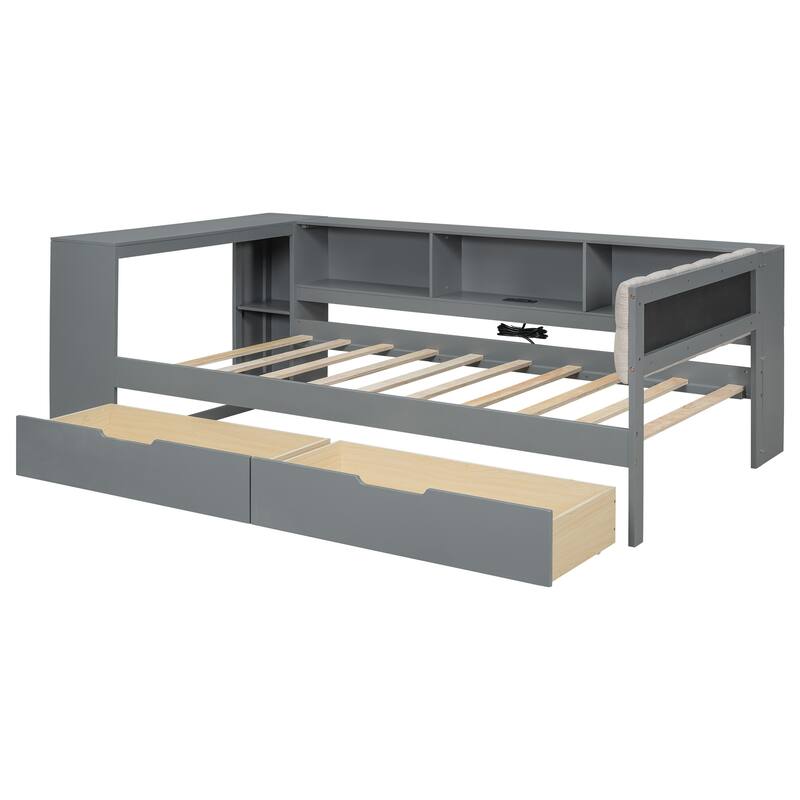 Wooden Platform Bed Multi-Functional Daybed with Desk, Linen Headboard, 2 Drawers, Charging Station and Mulit-Storage Shelves