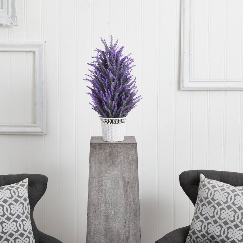 Artificial Lavender Plant in Planter - Home Decor Indoor Flower Arrangement - White Ceramic Pot - Purple