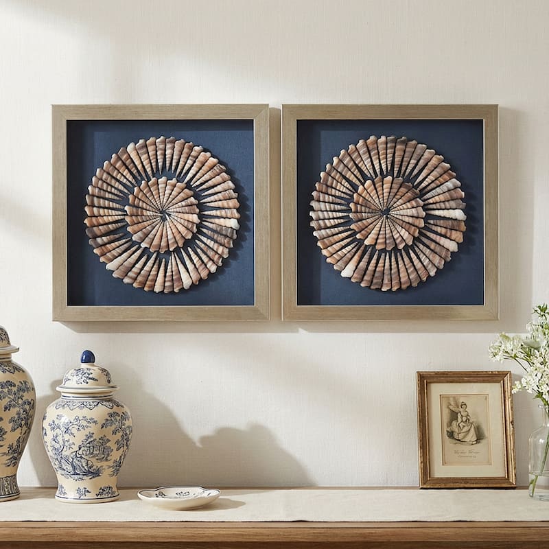 American Art Decor 2-Piece Coastal Seashell & Sea Glass Shadowbox Framed Wall Art Set