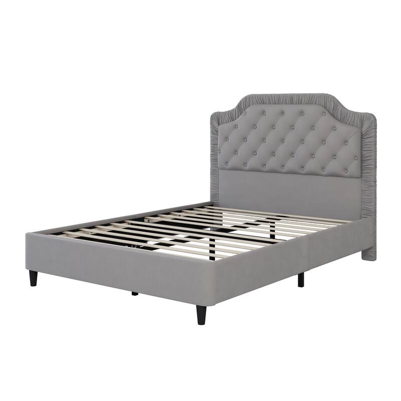 Full/Queen/King Size Upholstered Platform Bed Velvet Fabric Bed with Ruched and Button Tufted Headboard, Solid Wood Bedframe