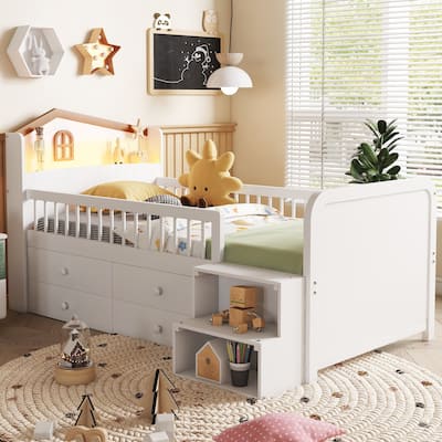 Low Loft Bed with LED,Wooden Loft Bed with Storage Drawers