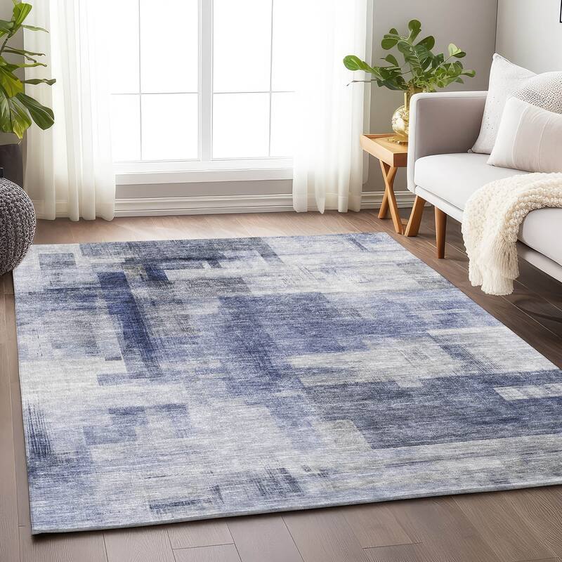 Machine Washable Indoor/ Outdoor Contemporary Abstract Chantille Rug - Denim - 10' x 14'