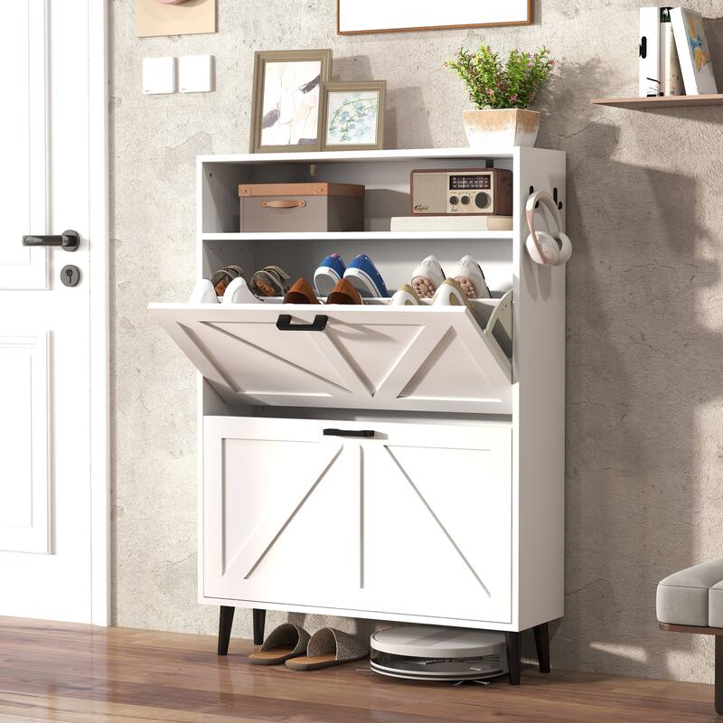 GDFStudio - Charlotte Farmhouse Shoe Storage Cabinet with Barn Door Elegance and Smart Organization - Antique White - Shoe Storage Cabinet