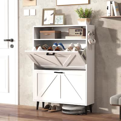 Shoe Cabinet with 2 Flip Drawers & Open Storage,Farmhouse Shoe Storage Cabinet for Entryway, Freestanding Organizer Rack