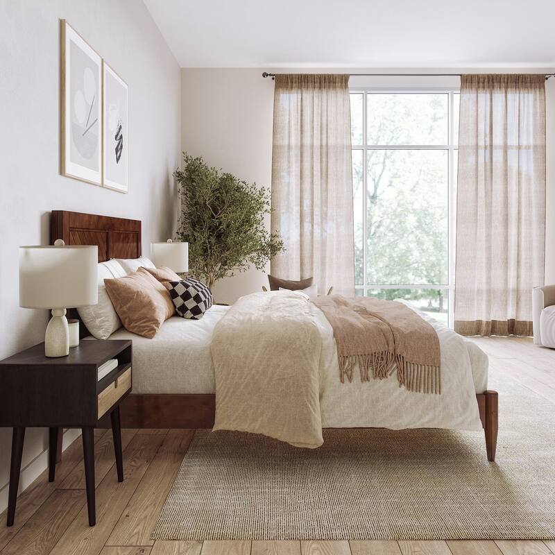 Solid Wood Low Profile Platform Bed - Classic Charm Design, USB Charger Included, Walnut Finish, Full Size Bed