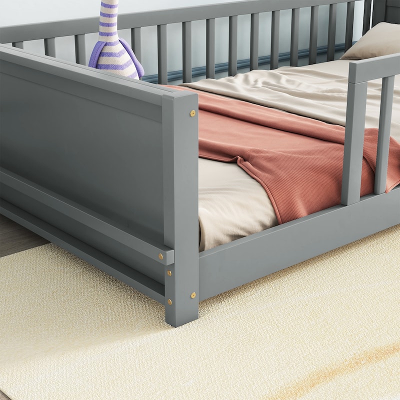 Twin Size Pine Wood Floor Platform Bed with Fence
