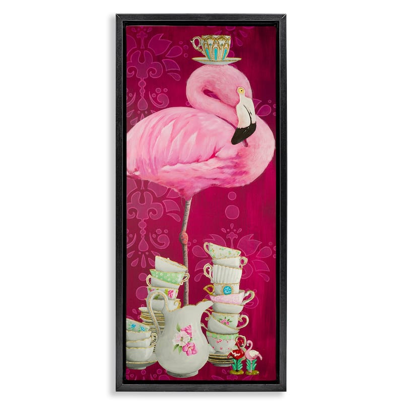 Stupell Flamingo with Antique Teacups Framed Floater Canvas Wall Art Design By Heather Gauthier - 11 x 25 - Black