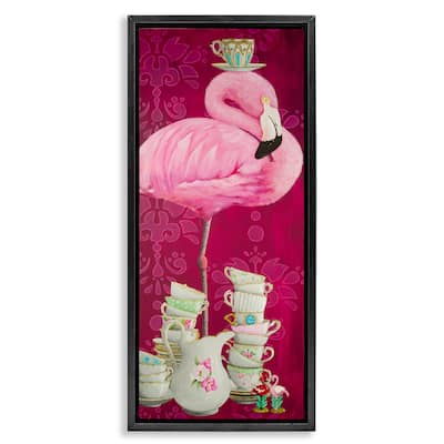 Stupell Flamingo with Antique Teacups Framed Floater Canvas Wall Art Design By Heather Gauthier