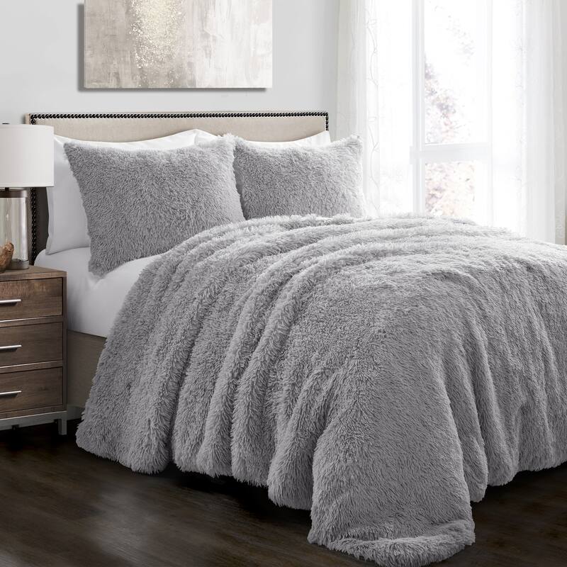 Lush Decor Emma Faux Fur Comforter Set - Light Gray - Full - Queen