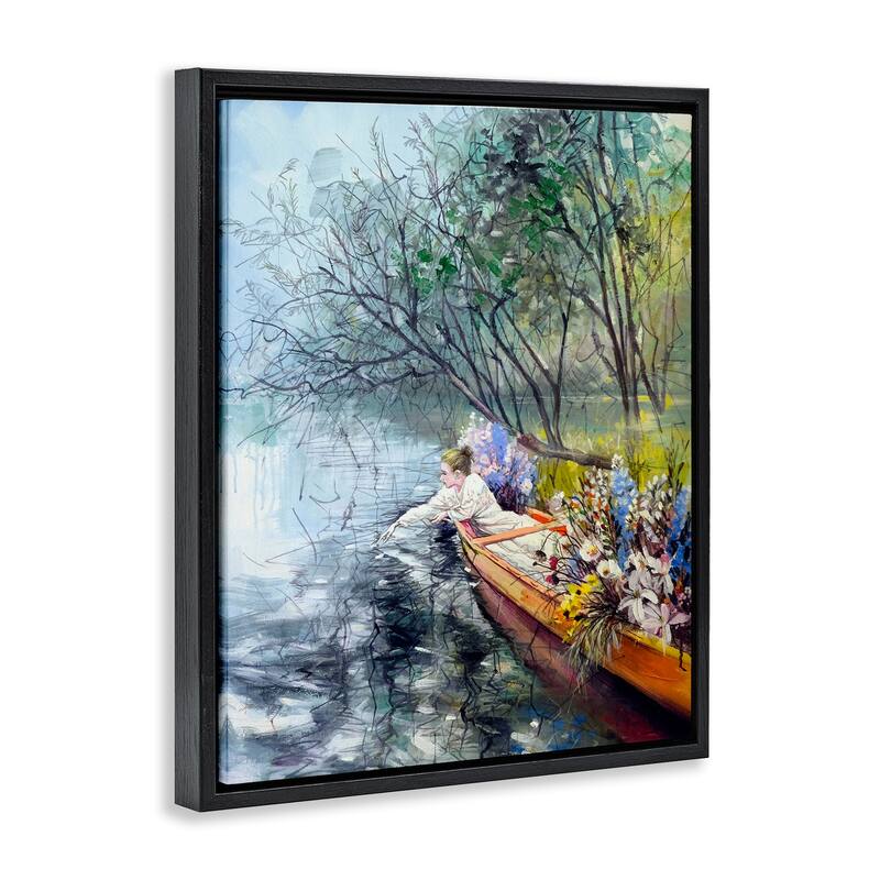Stupell Woman in Floral Filled Boat Framed Floater Canvas Wall Art Design By Lucille Lee
