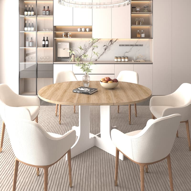 Dining Table for Farmhouse Kitchen Expandable Oval Table Top with Removable Leaf Trestle X Shaped Base - White