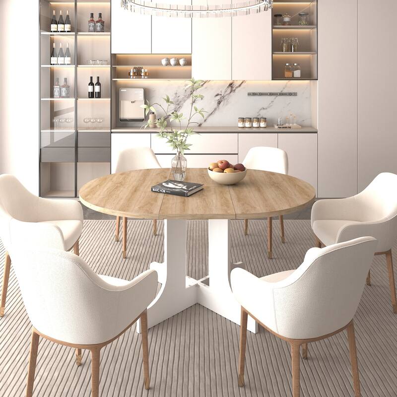 Elegant Farmhouse Round Dining Table with Adjustable Length and X-Base ​Be Used for Modern Dining Room - White Oak