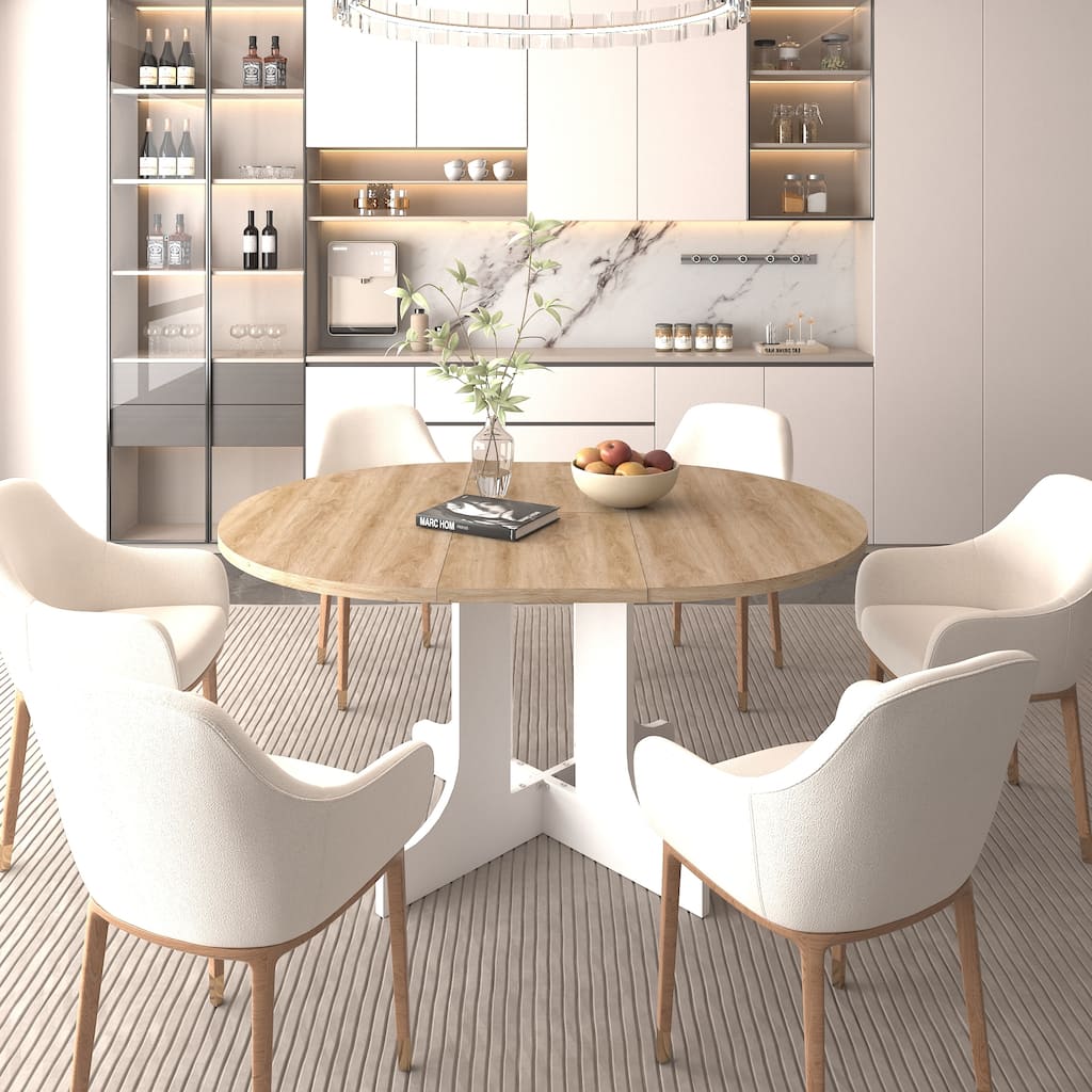 Elegant Farmhouse Round Dining Table with Adjustable Length and X-Base ​Be Used for Modern Dining Room