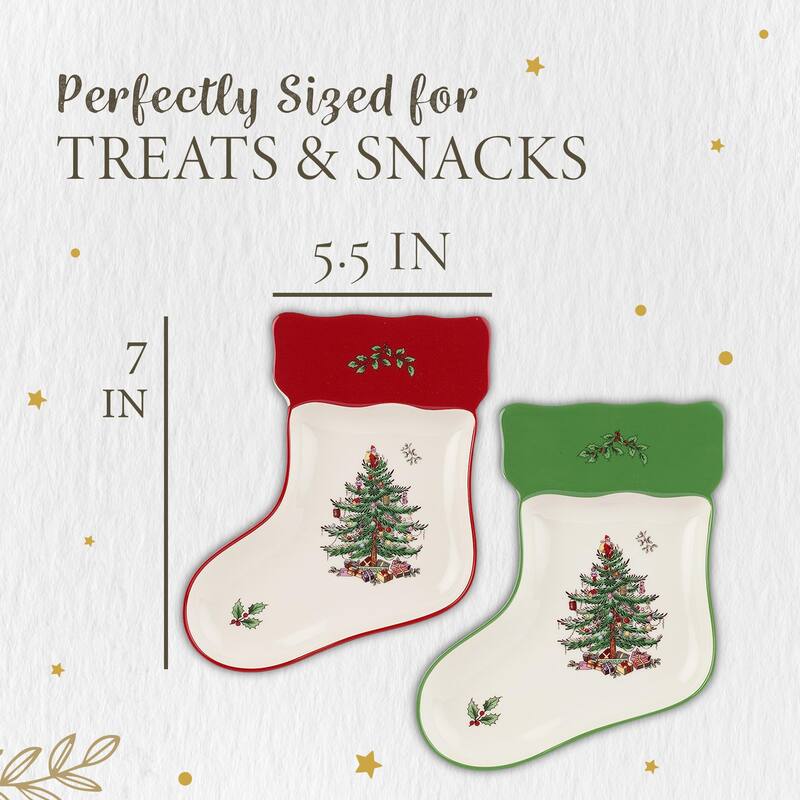 Spode Set of 2 Christmas Tree Stocking Dishes - 7" L x 5.5" W