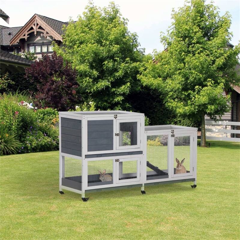 Gray and White Fir Wood Two-Floor Bunny Hutch with Wheels Pull Out Tray and Spacious Run for Small Pets - White