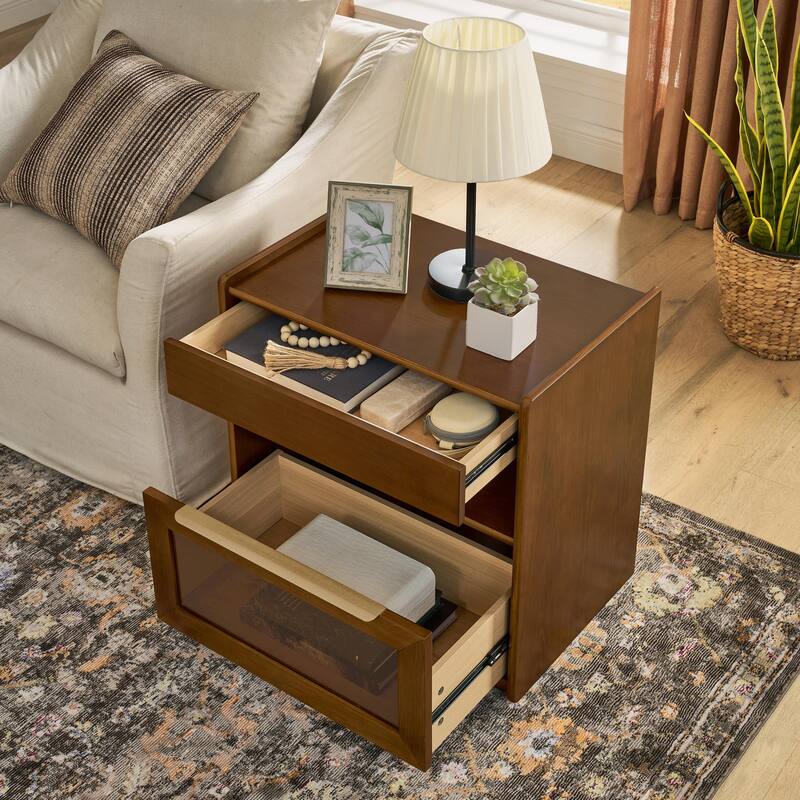 Mid Century Modern Nightstand with Charging Station & Outlet Hole & 2 Drawers
