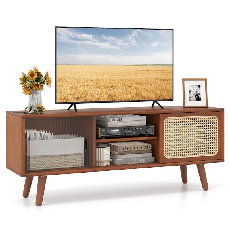 Costway Modern TV Stand Entertainment Center Media Console with Rattan - Brown