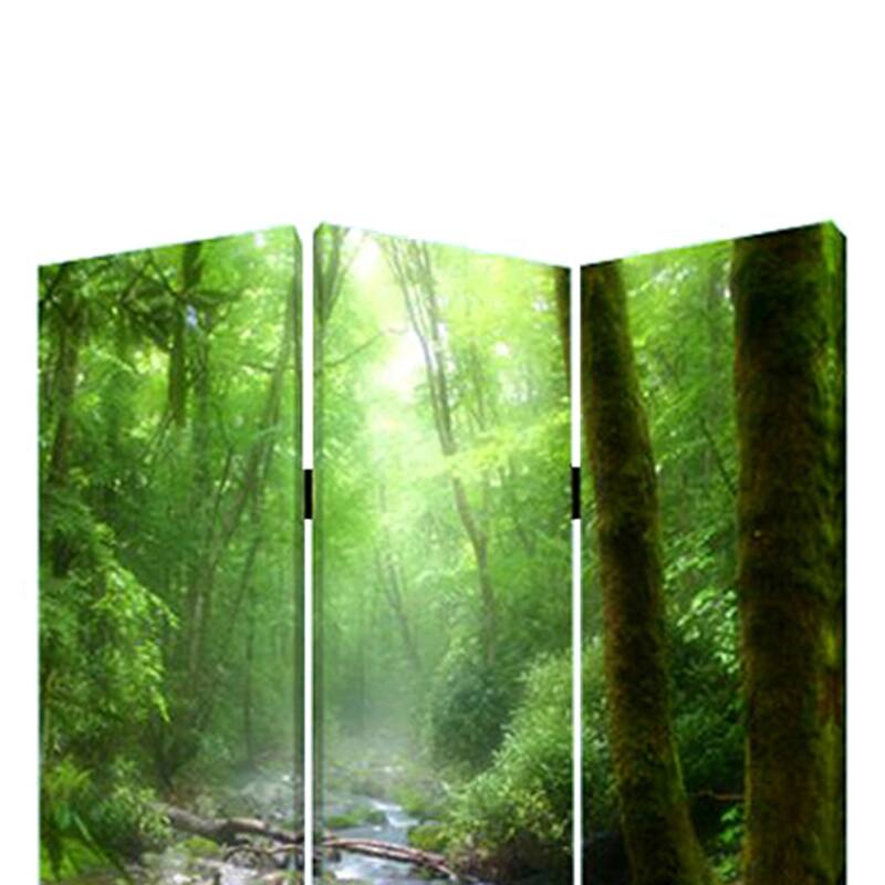 3 Panel Foldable Canvas Screen with Rainforest Print, Green - 6 x 12