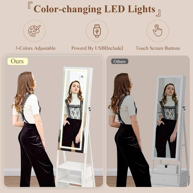 VECELO Standing Jewelry Cabinet Armoire with Adjustable LED Lights and Multi-functional Storage Shelf Drawers