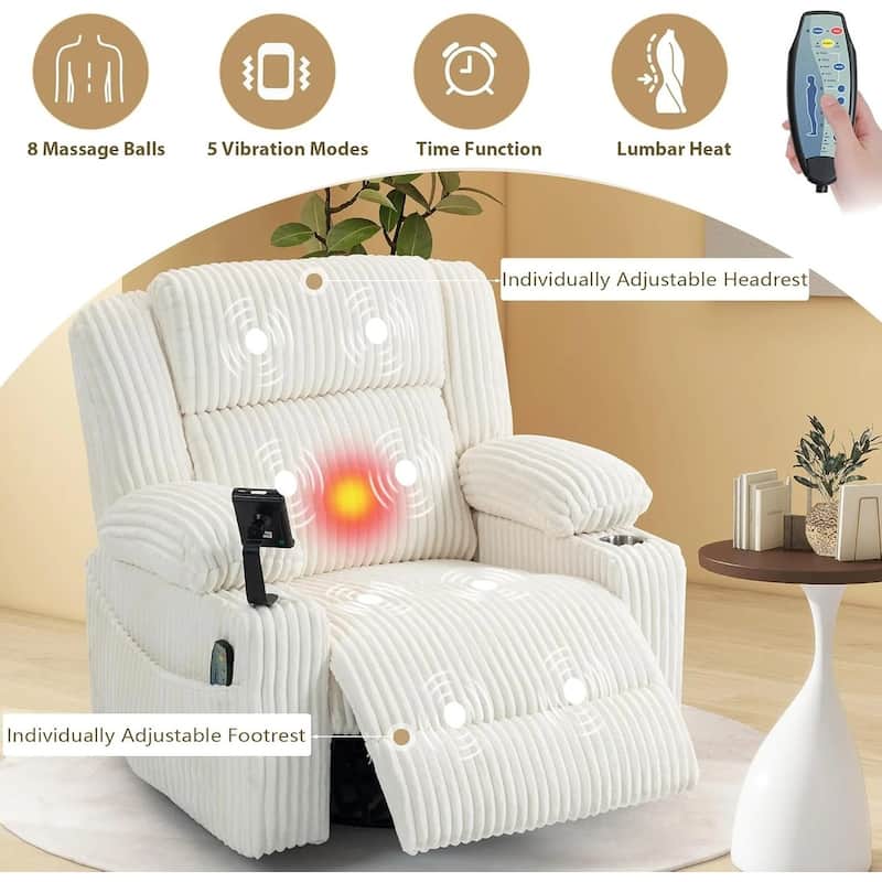 270° Swivel Velvet Recliner, Extra Wide Power Recliner Chair w/Heat Massage - USB & Type C Charging Port