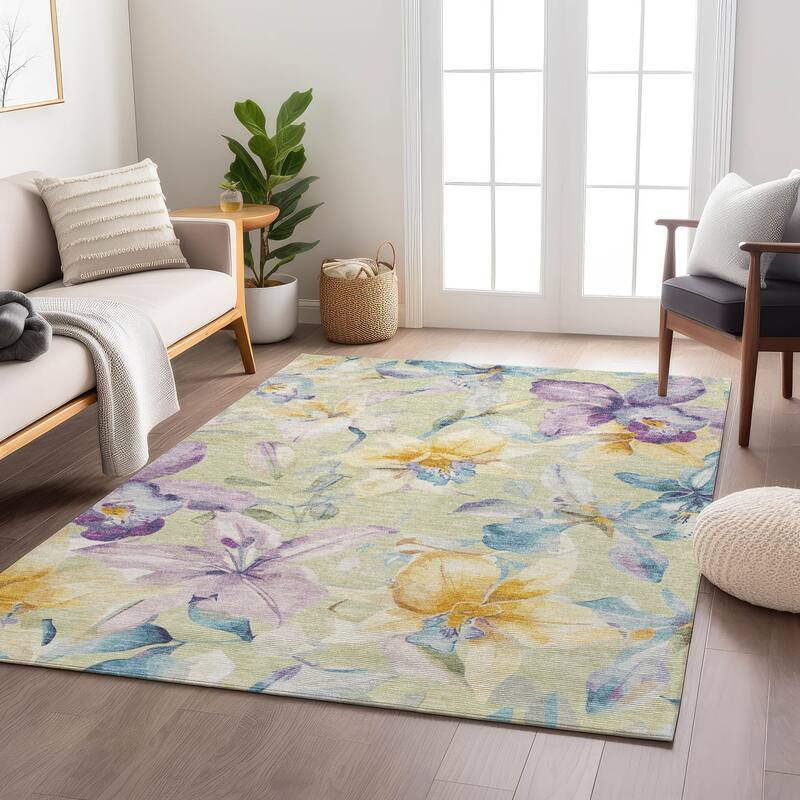 Machine Washable Indoor/ Outdoor Modern Floral Chantille Rug