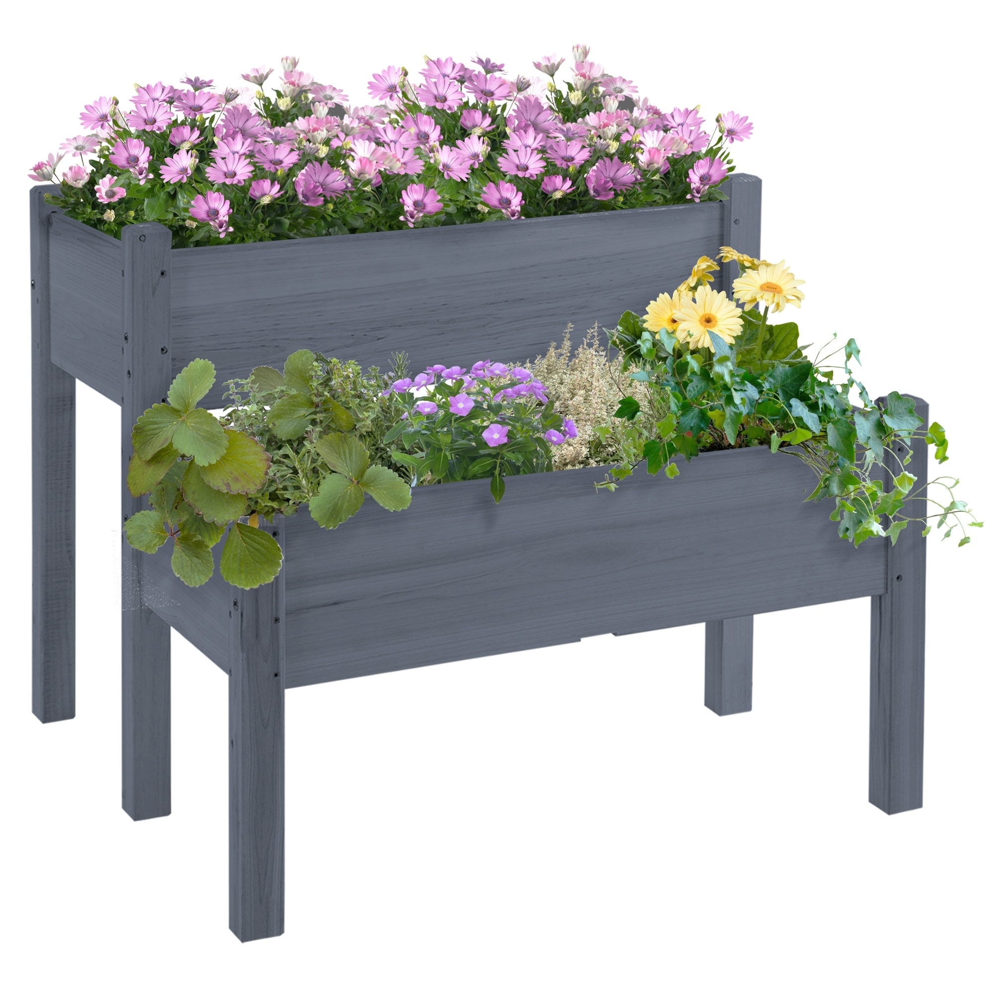 Outsunny 34" x 34" x 28" 2-Tier Raised Garden Bed Wooden Outdoor Planter Box for Backyard