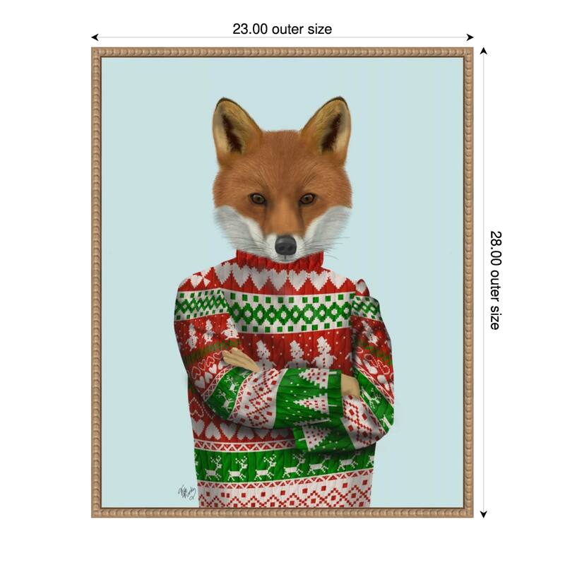 Fox in Christmas Sweater by Fab Funky (23 x 28 in.), Framed Canvas Wall Art Print - Sylvie Beaded Rustic Natural